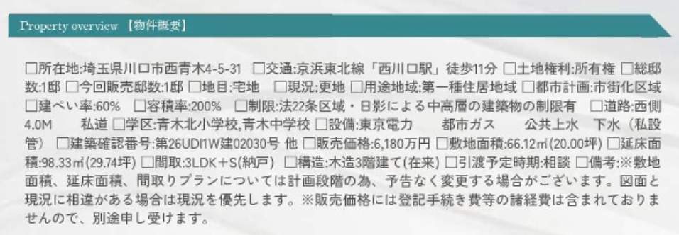 概要、メルディア 川口市西青木4丁目 新築戸建 仲介手数料無料