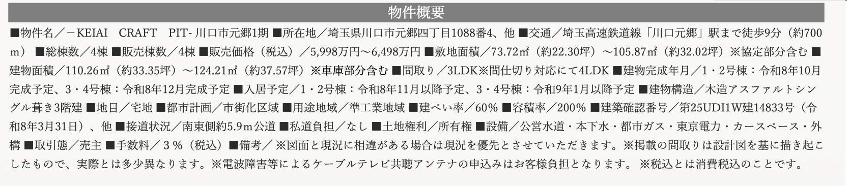 概要、ケイアイクラフト 川口市元郷4丁目 新築戸建 仲介手数料無料