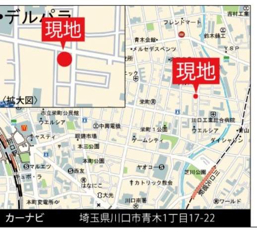 地図、サンウエストホーム 川口市青木1丁目 新築戸建 仲介手数料無料