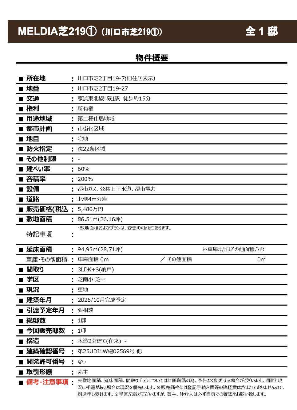 概要、メルディア 川口市芝2丁目 新築戸建 仲介手数料無料