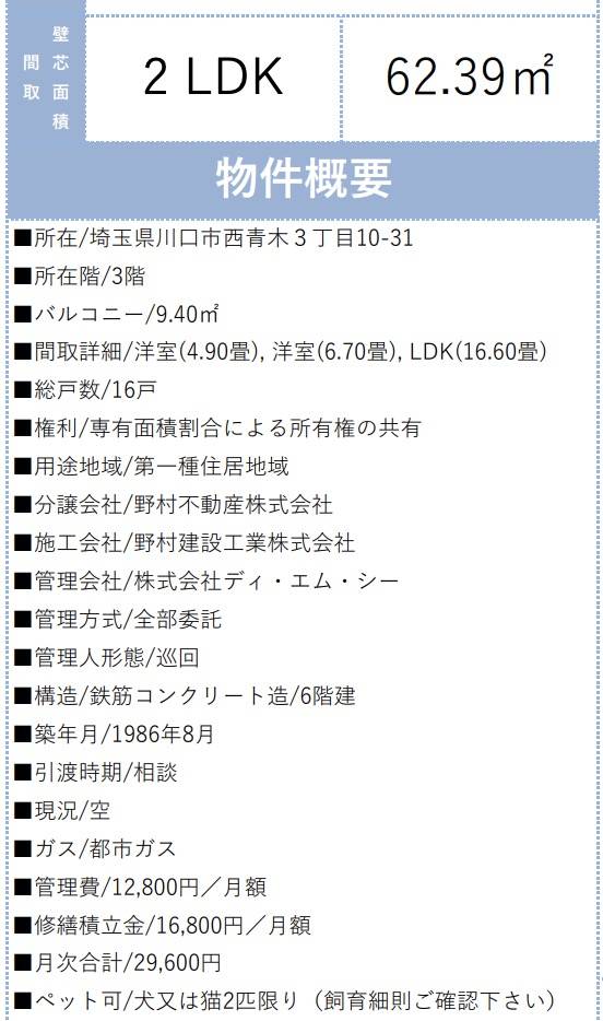 概要、レクオス西川口中古マンション  仲介手数料無料