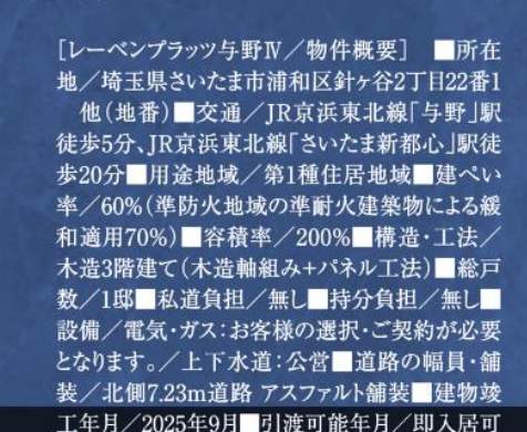 概要、レーベンホームビルド さいたま市浦和区針ヶ谷2丁目 新築戸建 仲介手数料無料