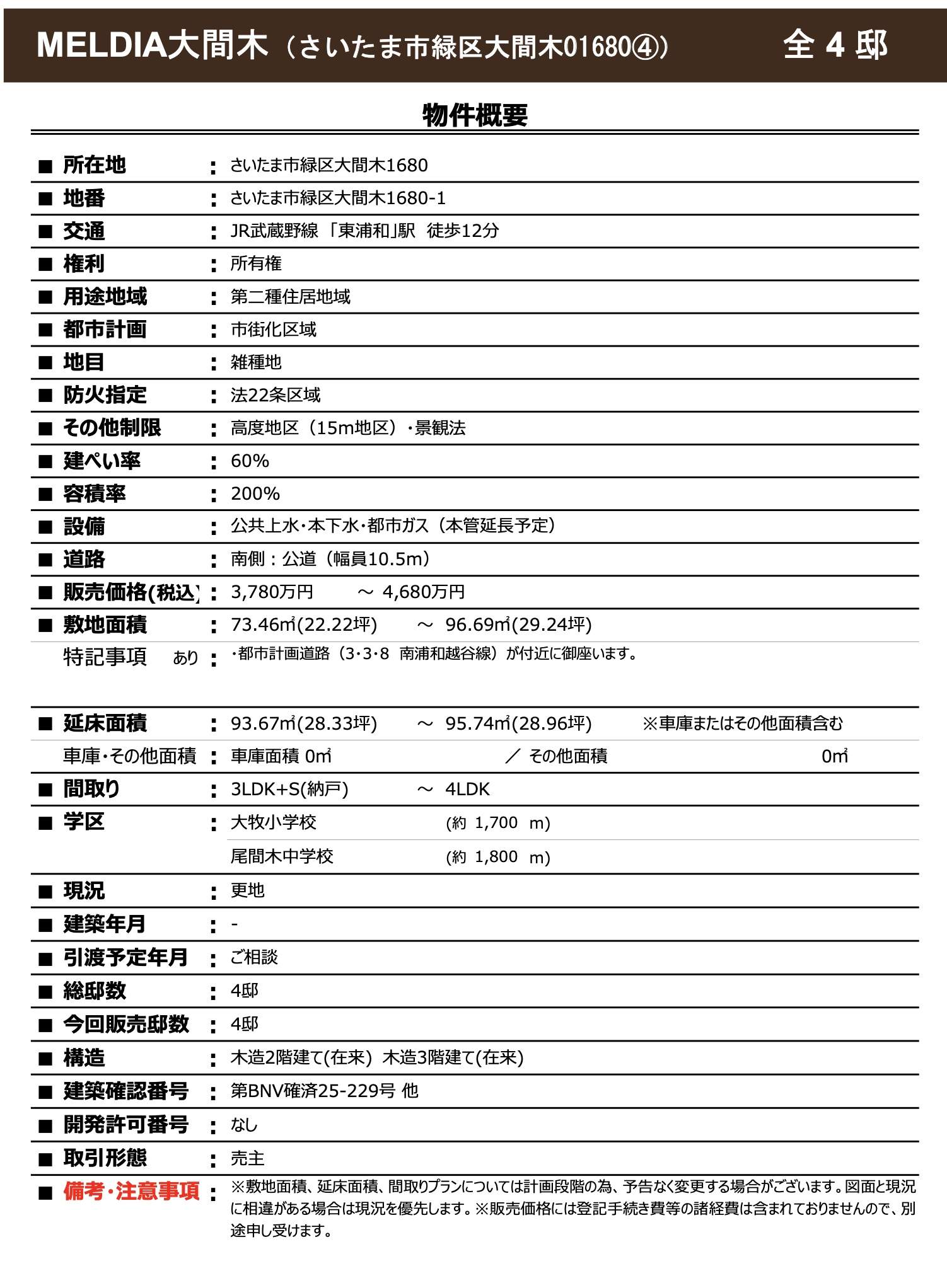概要、メルディア さいたま市緑区大字大間木 新築戸建 仲介手数料無料