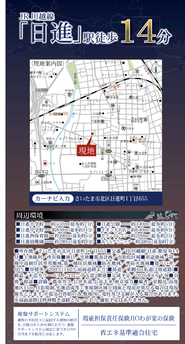 地図、大宝建設埼玉 さいたま市北区日進町1丁目 新築戸建 仲介手数料無料