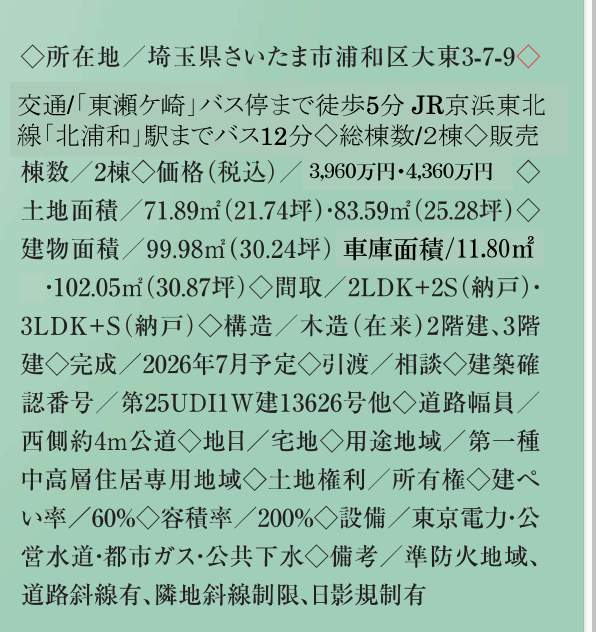 概要、メルディア さいたま市浦和区大東3丁目 新築戸建 仲介手数料無料