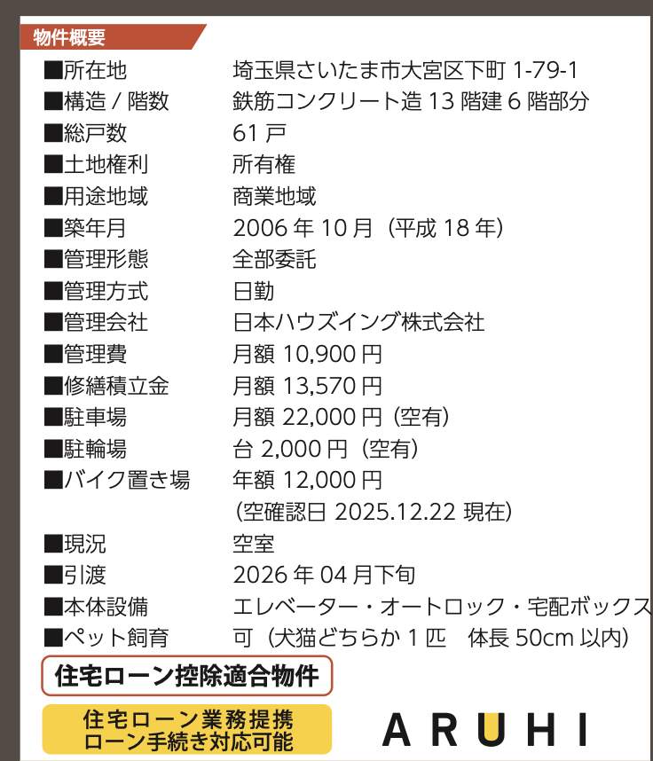 概要、日神パレステージ大宮パルティール中古マンション 仲介手数料無料