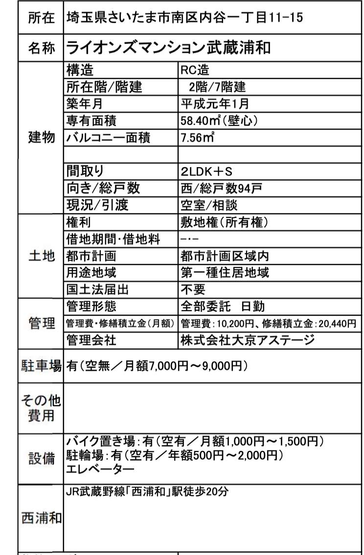 概要、ライオンズマンション武蔵浦和中古マンション 仲介手数料無料