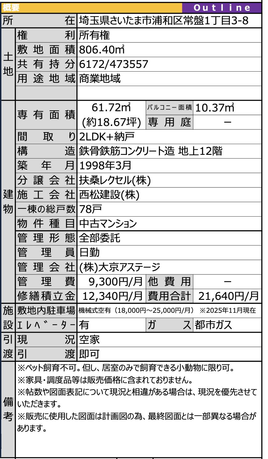 概要、レクセルマンション浦和中古マンション 仲介手数料無料