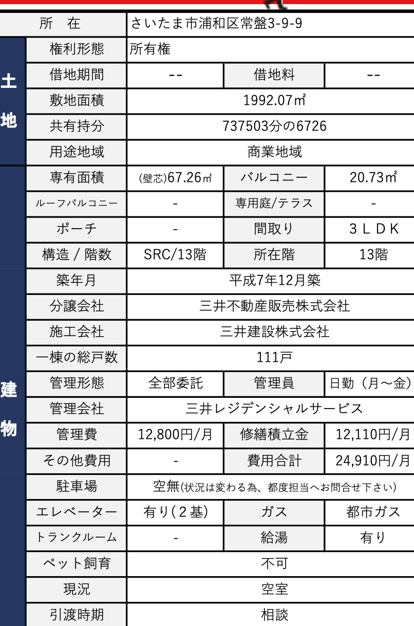 概要、浦和常盤パークホームズ中古マンション 仲介手数料無料