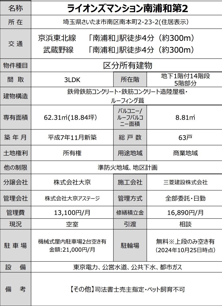 ライオンズマンション南浦和第２中古マンション  仲介手数料無料 