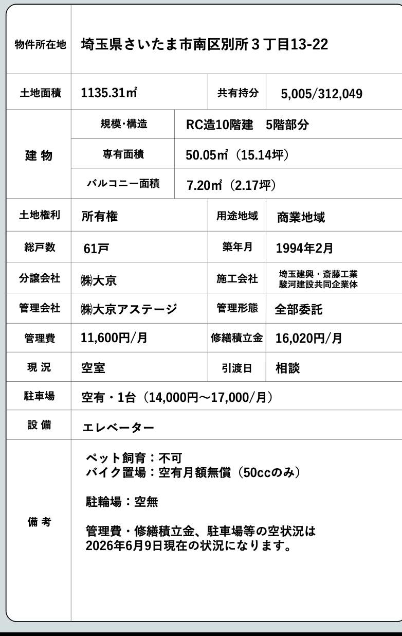 概要、ライオンズマンション浦和県庁前 仲介手数料無料 中古マンション