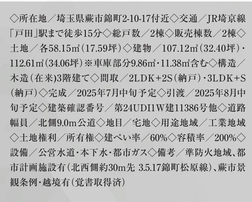概要、メルディア 蕨市錦町2丁目 新築戸建 仲介手数料無料