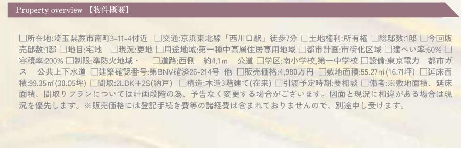 概要、メルディア 蕨市南町3丁目 新築戸建 仲介手数料無料